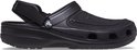 Zwarte Crocs Yukon Vista II klomp met bandje en gestikte details, van de zijkant.