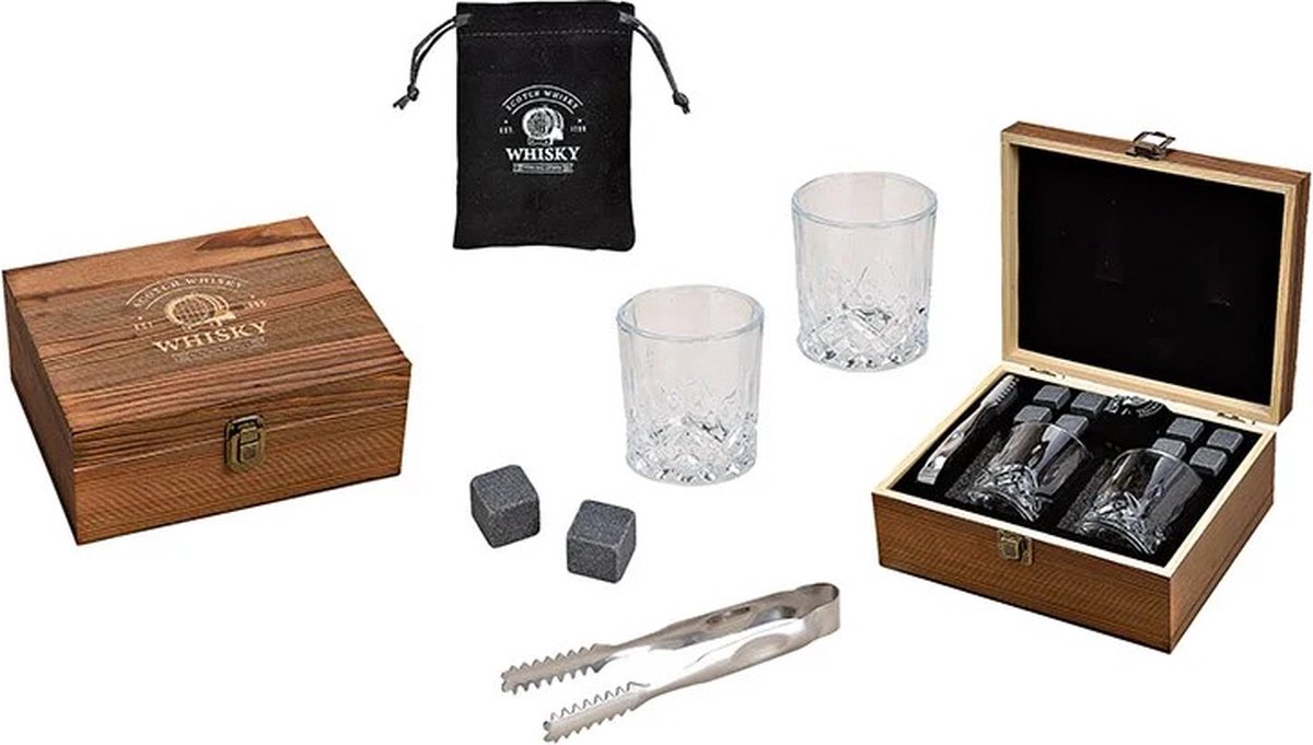 Whiskyset met 2 glazen en 8 basaltsteen ijsblokjes