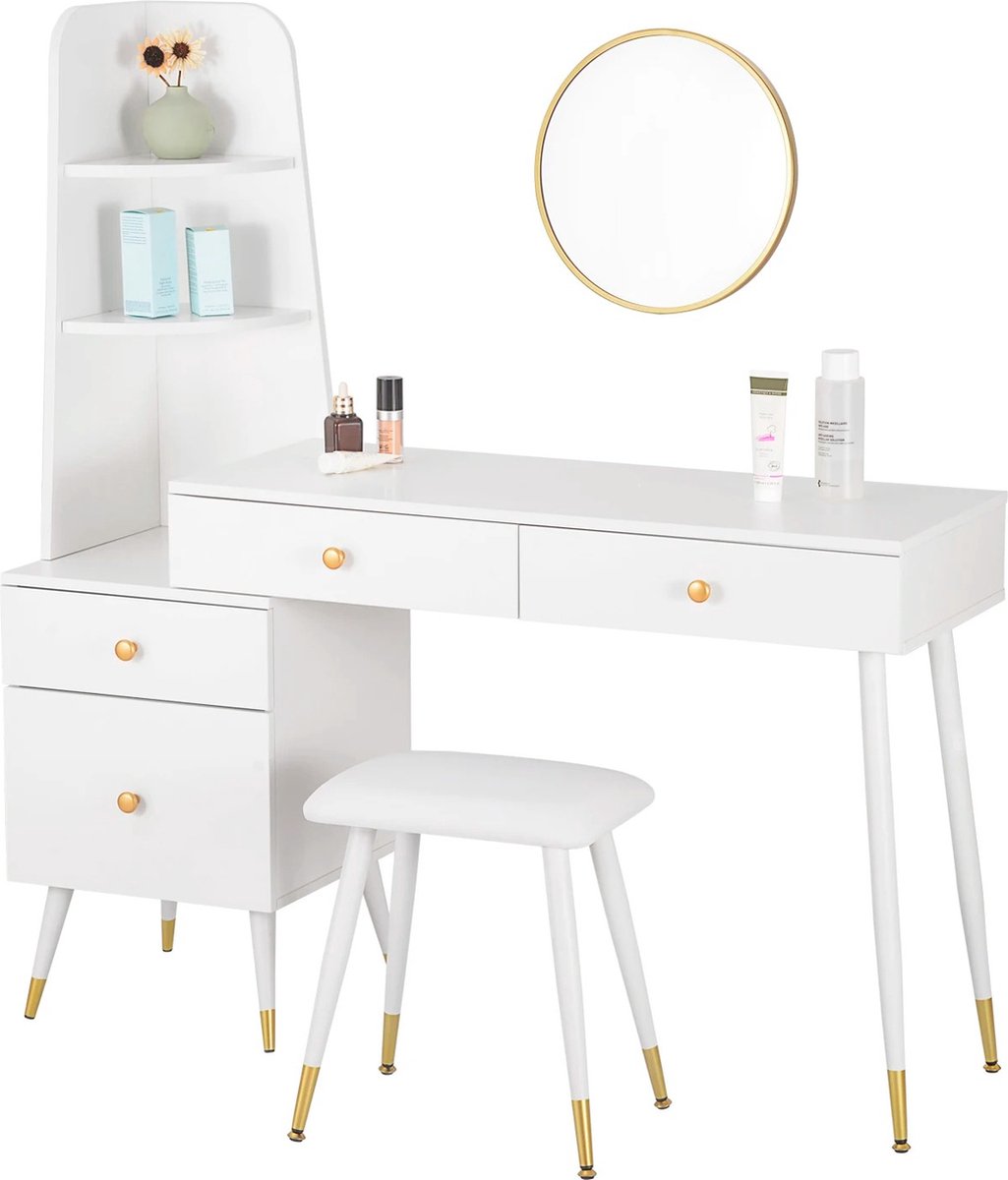 DHN Set van Witte Kaptafel Met Kruk Spiegel 4 Lades - Grote Make-Up Tafel - Moderne Cosmetische Tafel Voor Slaapkamer - Wit