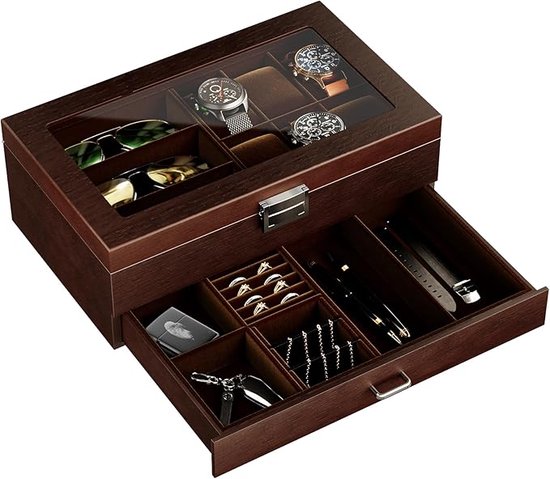 ProCase Houten Horlogedoos Voor Mannen, 20 Sleuven Grote Horloge Organizer Met Glazen Deksel 2 Traps Gelakte Showbox Het Opbergen Van Polshorloges Zwart 2231117592