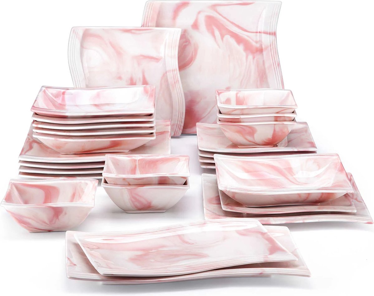 Luxe Serviesset- 26 delig – 6 persoons – Porselein - Bordenset – Dinner platen – Dessertborden - Soepplaat - kom - Pastabord - Roze
