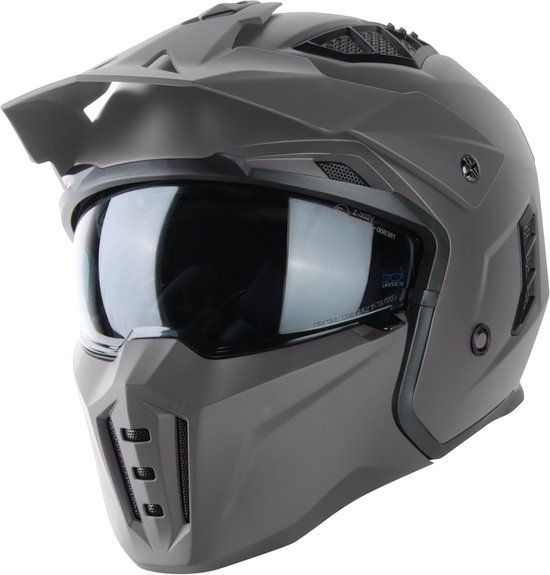 VINZ Kioto Street Fighter Helm met Zonnevizier - Jethelm met mondstuk - Scooterhelm & Motorhelm - Titanium Grijs - XL