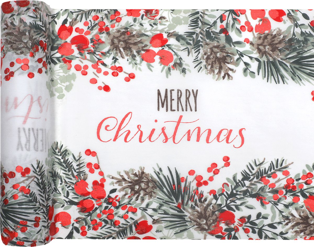 Tafelloper kerst "Merry Christmas" 28.5cm x 2.5 meter - tafelkleed - kersttafel - kerstfeest