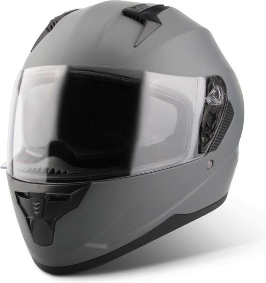 Grijze integraalhelm, zijaanzicht, met helder vizier en zwarte details