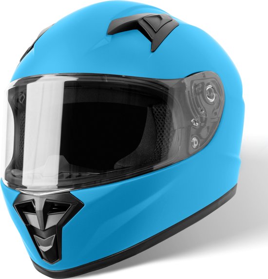 Voorkant van een matblauwe integraalhelm met transparant vizier en zwarte accenten.