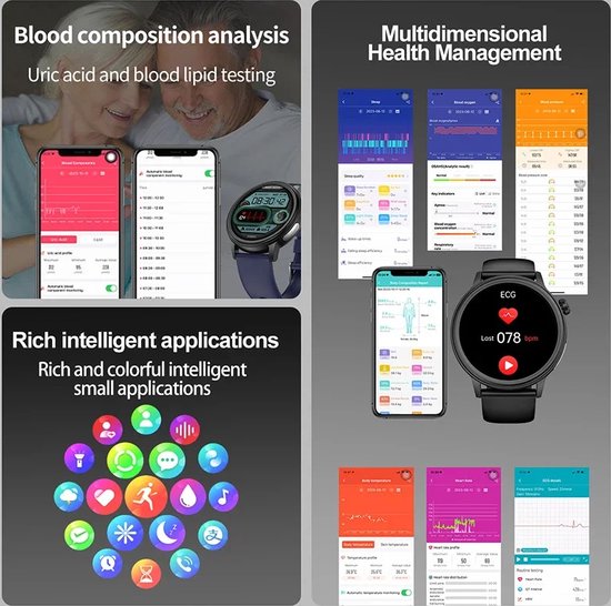 2025 Nieuwe Smartwatch met ECG/Urinezuur/Lipiden, 1,97 inch AMOLED B𝐥oedg𝐥u𝐜ose Smartwatch met Detectie van BMI/Vermoeidheid/Emoties/ Bloeddruk/Lichaamstemperatuur/Slaapactiviteit/sos-knop (Zwart