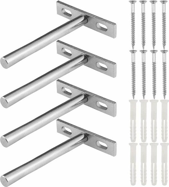 Supports d'étagère - 4 pièces - supports d'étagère flottants - support mural - argent - fer - en forme de T - 70*100 mm - dissimulé - support d'étagère mural en métal - pour mur de bricolage