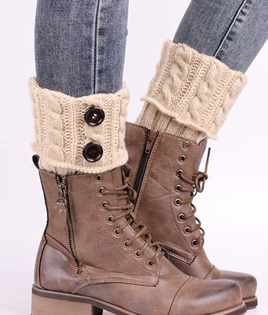 Jambières - Jambières - Boutons tendance - Avec motif torsadé - Tricot épais - Acryl - Beige - 16+10 cm - Chaud - Confortable - Accessoire de Mode - Revers de bottes courtes tricotés