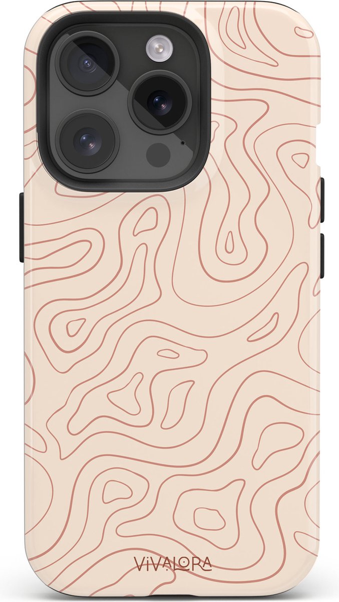 VivaLora Tough Telefoonhoesje iPhone 14 Pro met MagSafe - Wavy Lines Print - 2-in-1 Phone Case - Hard Case & Siliconen Backcover - Extra Bescherming - Shockproof Cover - Ecru/Rood