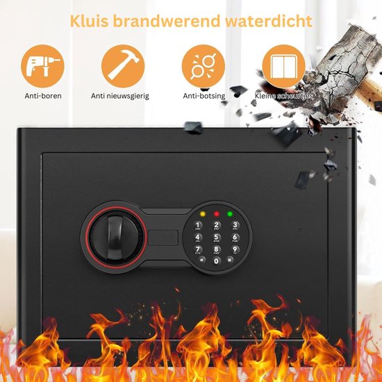 Kleine kluis, combinatiekluis, 17 liter, kluis van staal, meubelkluis met alarmsysteem en noodsleutel, geschikt voor identiteitskaarten, A4-documenten, laptops, sieraden, zwart