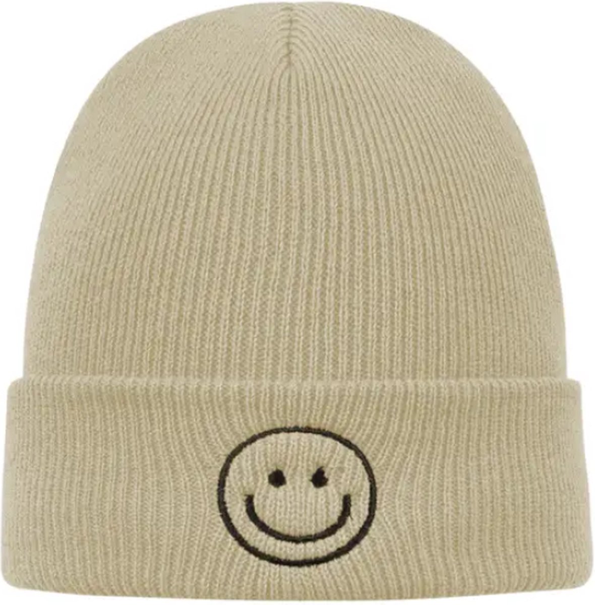 Beanie - Muts - Smiley - Beige - Acryl - One Size- Ski muts- ski vakantie outfit- warme muts- ski kleding.