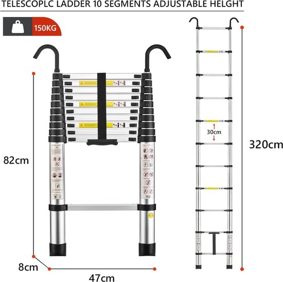 LZQ Telescopic Ladder, 4.4 m, Aluminium Extendable Ladder, Multi-Purpose Ladder, 15 Runs Extendable from 94 cm to 4.4 m, Load Capacity up to 150 kg