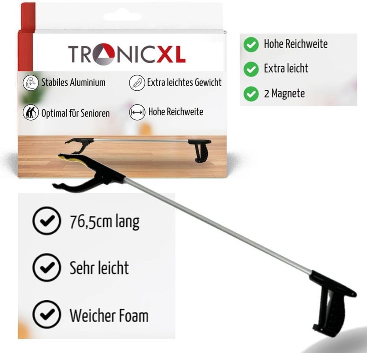 Goedkoopste TronicXL Aluminium Grijptang 76,5 cm - Magnetische Punt - Lichtgewicht - Grip zachte foamlaag - Universele Hulpmiddel voor Senioren, Werkplaats, Afval, en meer - Afvalgrijper met magneet - tang