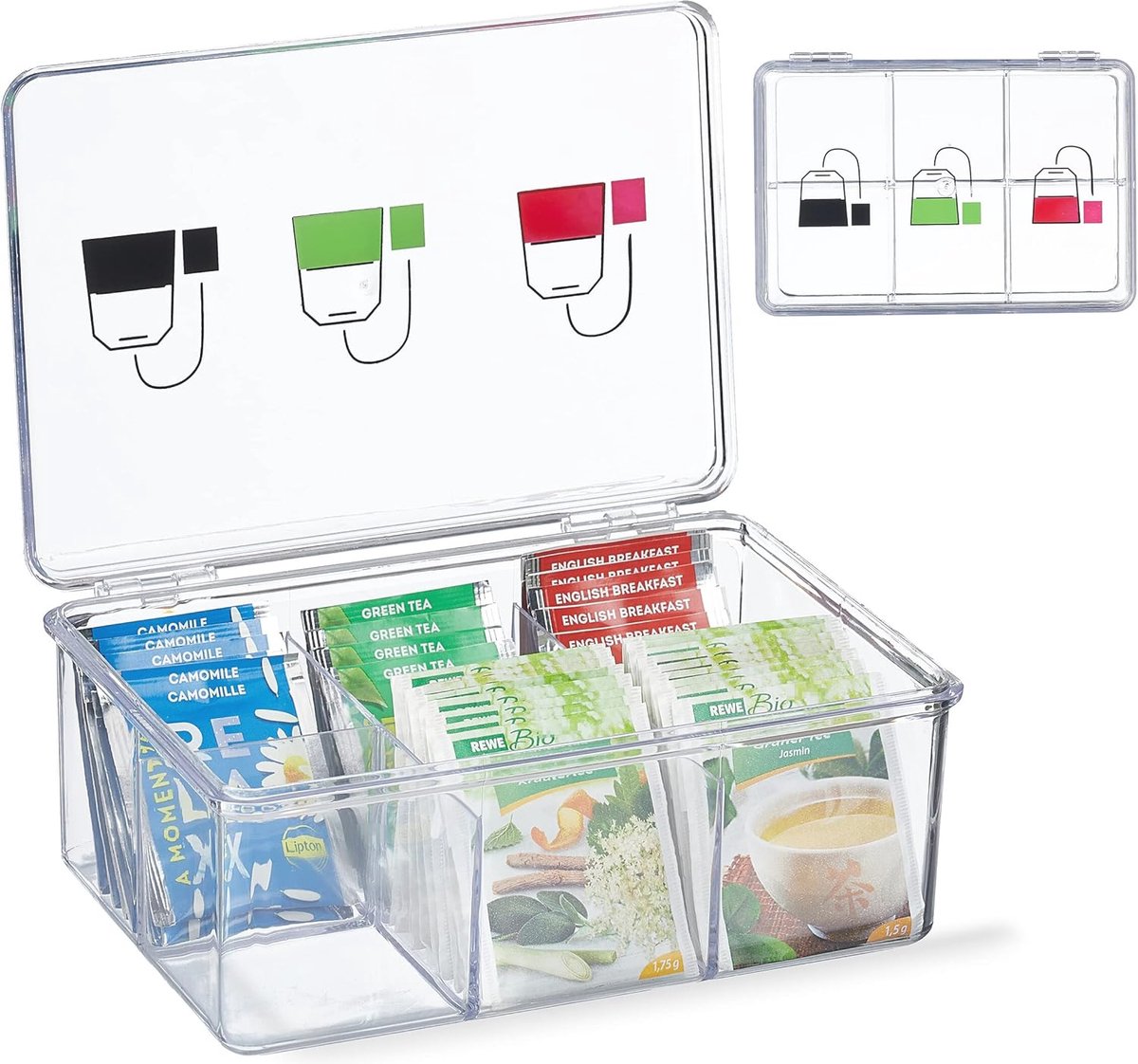 Goedkoopste Transparante Theedoos met Deksel - 6 Vakken voor Theezakjes