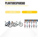 Vergelijking van een rommelige fietsopslag voor en na de installatie van het fietsophangsysteem.