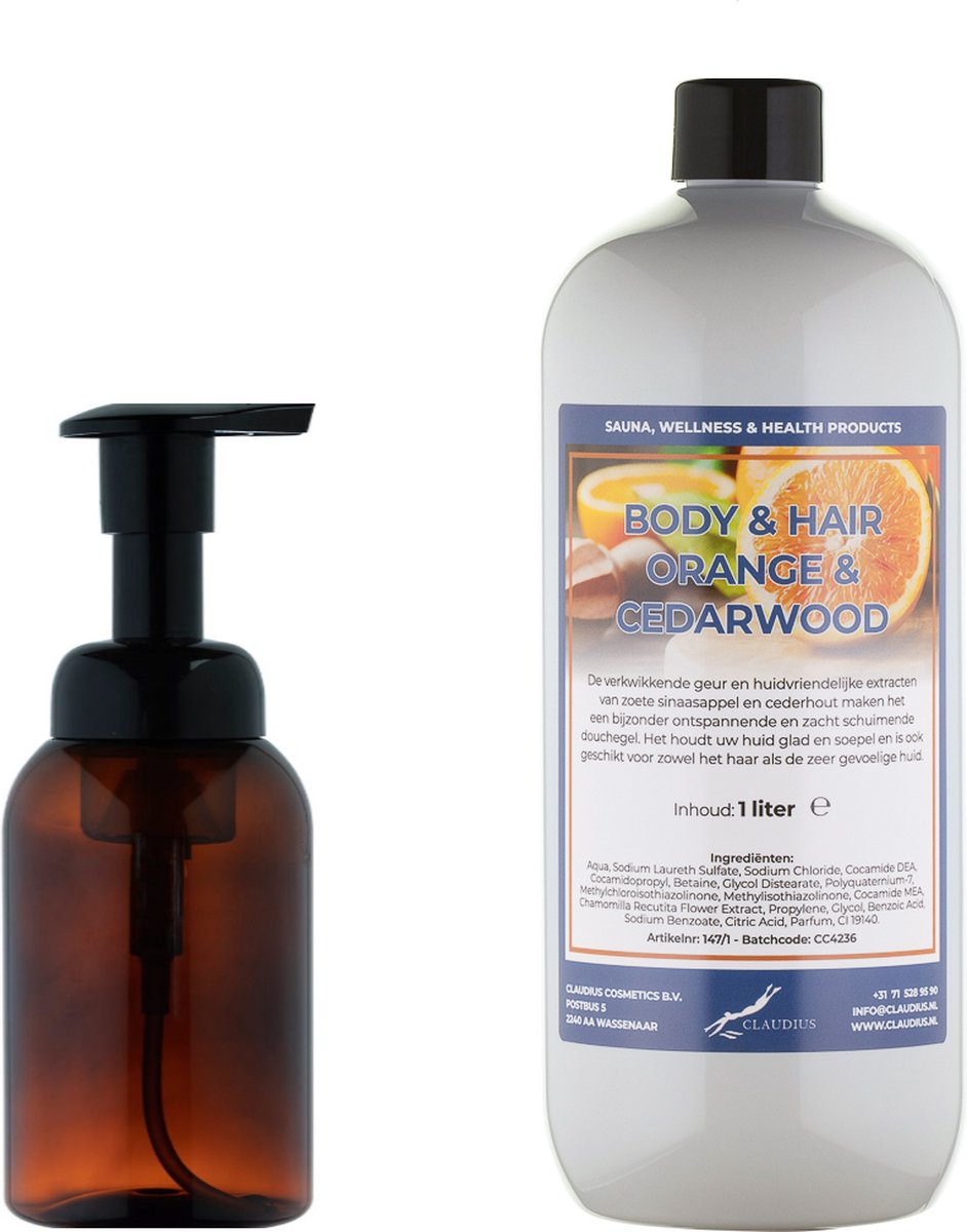 Goedkoopste Zeepdispenser 300 ml amber bruin hervulbaar 1 liter Body & Hair Sweet Orange & Cedarwood navulling