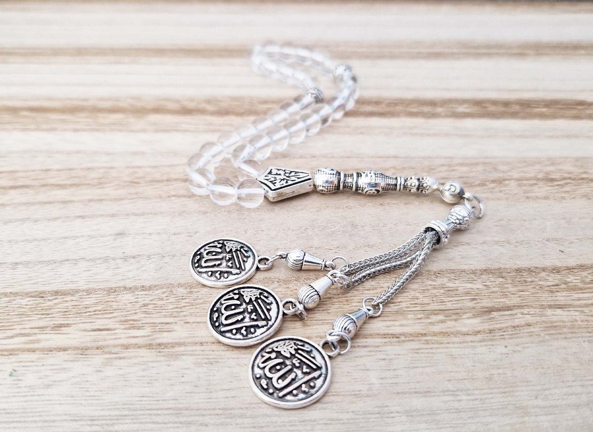 Handgemaakte tesbih "tasbih" natuursteen "Bergkristal" - Aantal kralen 33 - Diameter kralen 8 MM - met metaal tassel "model D1" - Een mooi cadeau-idee