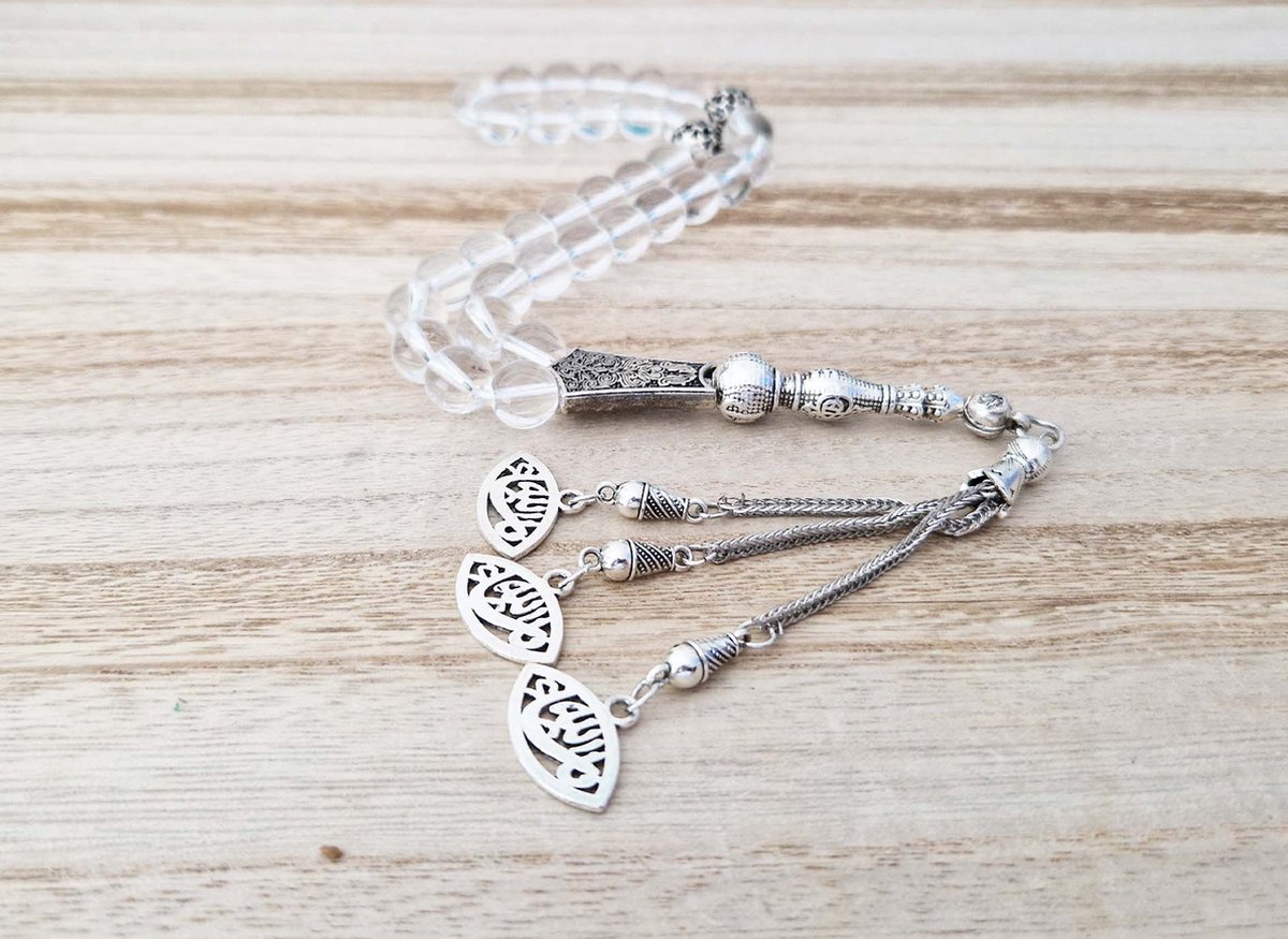 Handgemaakte tesbih "tasbih" natuursteen "Bergkristal" - Aantal kralen 33 - Diameter kralen 10 MM - met metaal tassel "model D3" - Een mooi cadeau-idee