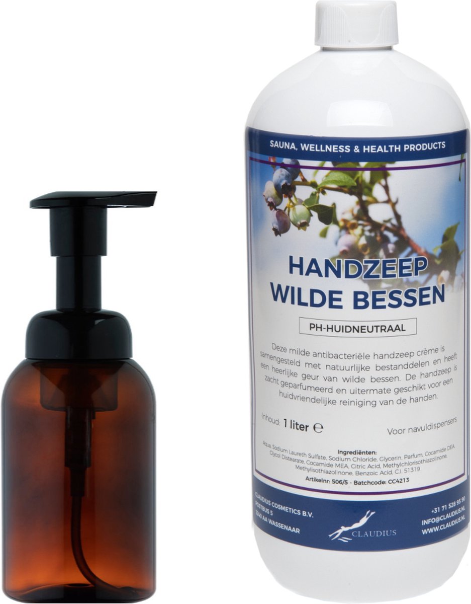 Goedkoopste Zeepdispenser 300 ml amber bruin hervulbaar 1 liter Handzeep Wilde Bessen navulling
