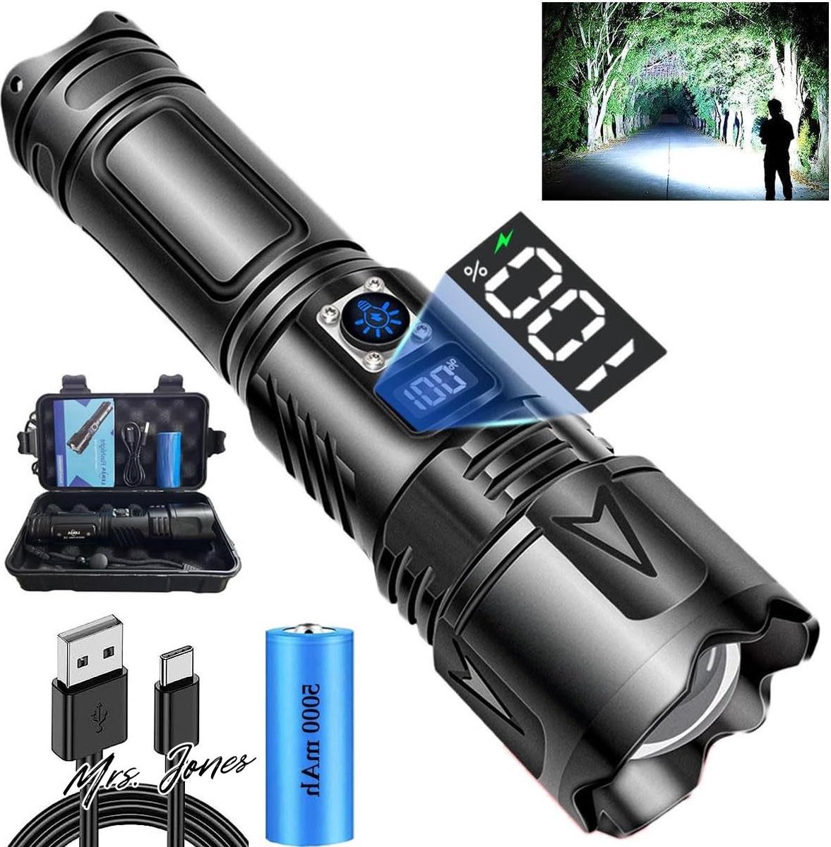 Mrs. Jones Zaklampen LED Oplaadbare USB-C Super Heldere 500000 Lumen Zaklamp Krachtig voor Noodcamping Zoombaar Waterdicht 5 Modi (5000mAh batterij) .
