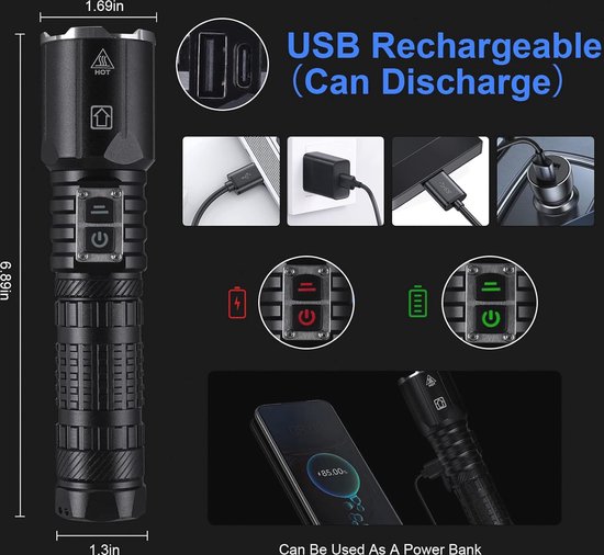 AF-WAN Handscheinwerfer Wiederaufladbar USB,LED Taschenlampe 6000 Lumen Wiederaufladbare Led Handscheinwerfer Laterne mit 6 Leuchtmodi,Wasserdicht Led Taschenlampe Laterne für Notfall Camping (Silber