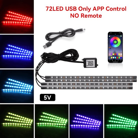 TABEN Auto-interieurdecoratie, sfeerlicht, app-besturing heldere voetenruimte, auto-interieurverlichtingsset met 64 kleuren, waterdicht, neonlichtstrip voor auto, 1 W, DC 12 V, 8 m