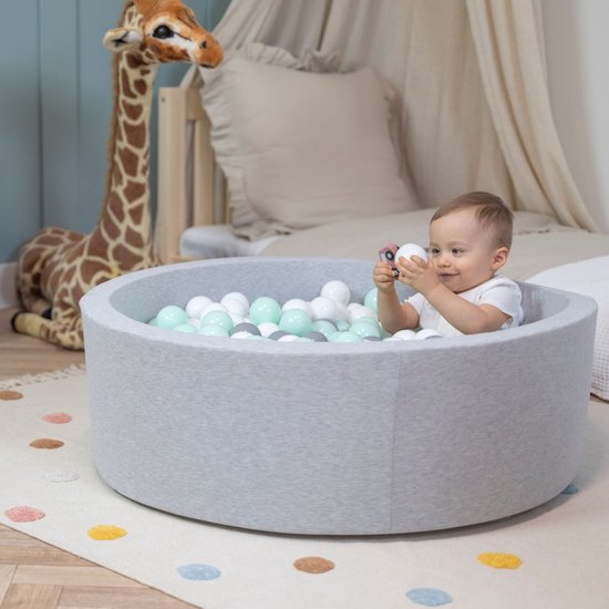 Selonis Ballenbad voor kinderen met 200 ballen ∅6cm 90x30cm - Ballenbak voor Baby's rond - Ballenbak ballen kleurrijke - Met schuimvulling - Ballenbad foam - Voor sensorische - Hellgrau: Wit Grijs Munt van Selonis — afbeelding 3