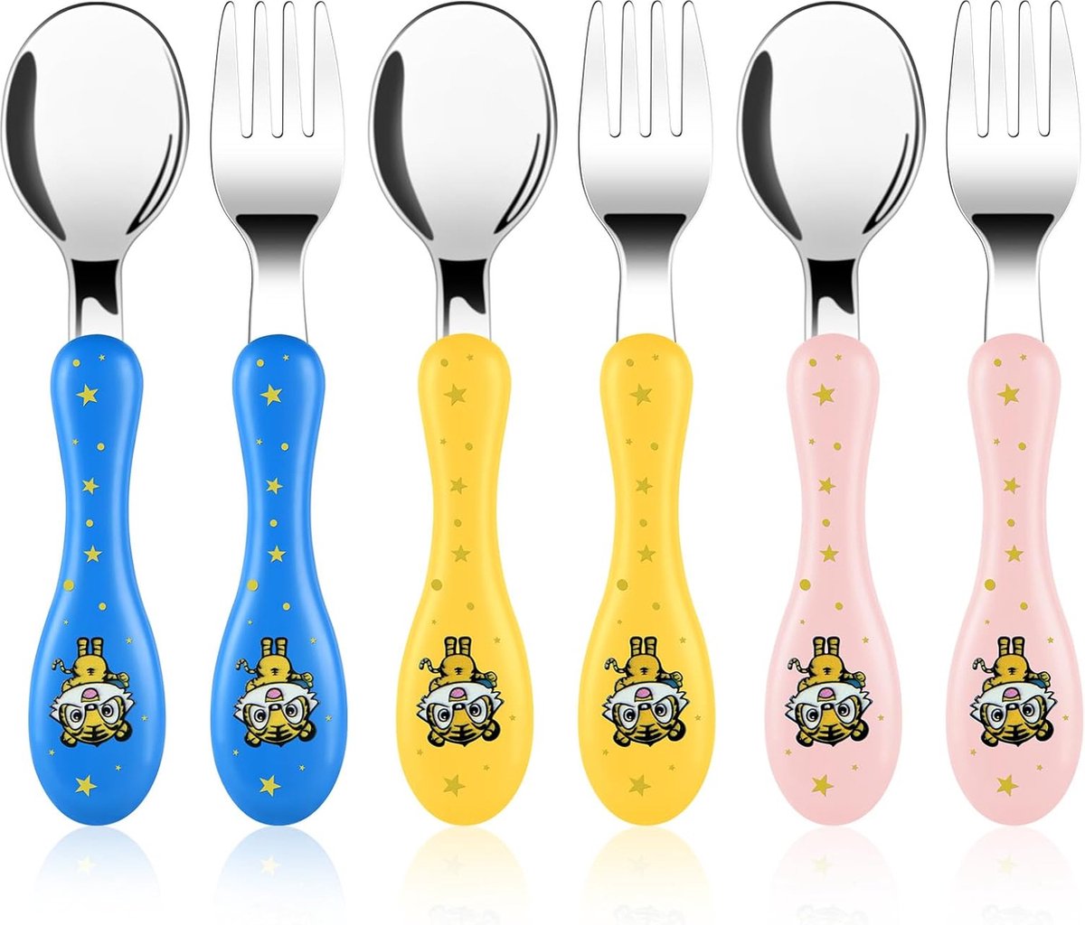 Goedkoopste Baby Vork en Lepel, 6 stuks Roestvrij vork en lepel voor kinderen, Peuter Bestek Lepels Vorkjes Tafelgerei Set, Baby Voeden Bestek Bestek Weaning Lepels voor kinderen - tijger