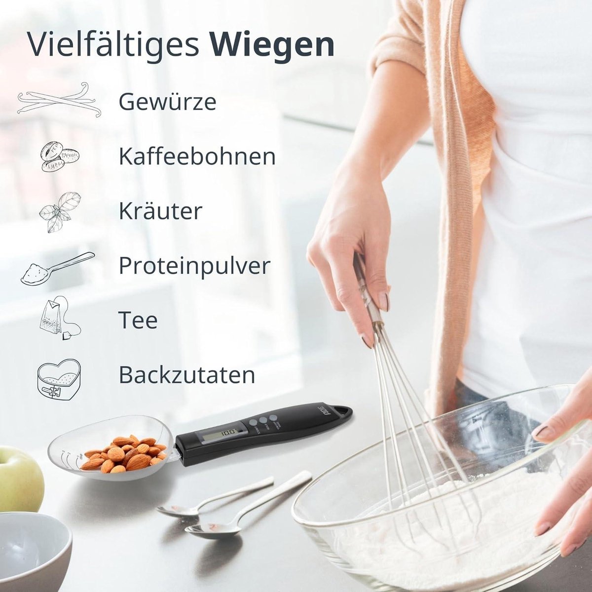 Digitale maatlepel, maatschepschaal voor voedsel, veelhoeken maatlepels met 3 batterijen, weeglepel schaal 800 g/0,1 g precisie met LCD-scherm voor het uitdelen van specerijen en hondenkattenvoer