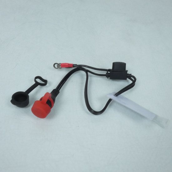 Zwarte kabel met rode en zwarte connectoren, zekeringhouder en dop.
