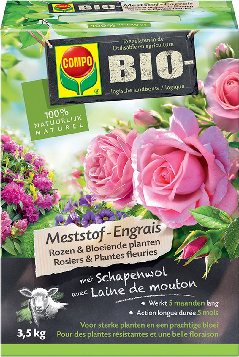 COMPO Bio Meststof Rozen & Bloeiende Planten - 100% organische meststof met directe en lange werking van 5 maanden - voor een prachtige bloei - doos 3,5 kg