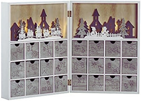 Adventskalender Met Lichten/Silhouetmotief - 24 Uittrekbare Laden En Dorpsversiering - Werkt Op Batterijen - Kerstscène Met Warme Witte Dioden - Hout - 3283-210