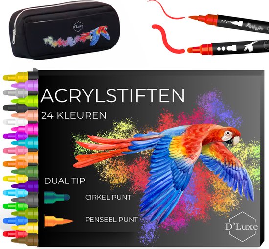 D' Luxe® 24 marqueurs acryliques Incl. Étui à crayons - Dual pointe 0,7 & 3 mm - Extra Opaque - Twinmarkers - Marqueurs Acryl Adultes - Perfect pour les pierres Happy -