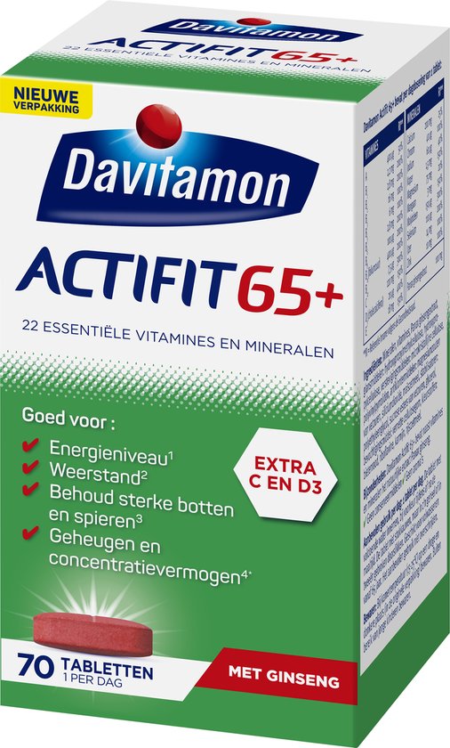Davitamon Actifit 65+ verpakking met 70 tabletten, met ginseng, extra C en D3.