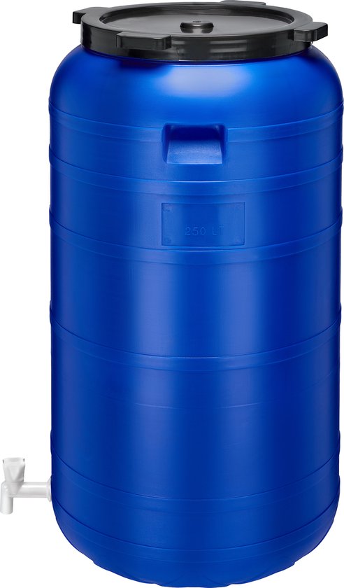 Garronda 250L Kunststof Trommel Met Deksel – Regenton met Kraan - Vat - HDPE - Voedselvat - Tuin Hobbock – Blauw - GD-STE-BarrelFR