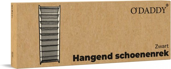Een kartonnen doos met het O'DADDY-logo, een afbeelding van een zwart hangend schoenenrek, en de tekst 'Zwart Hangend schoenenrek'.