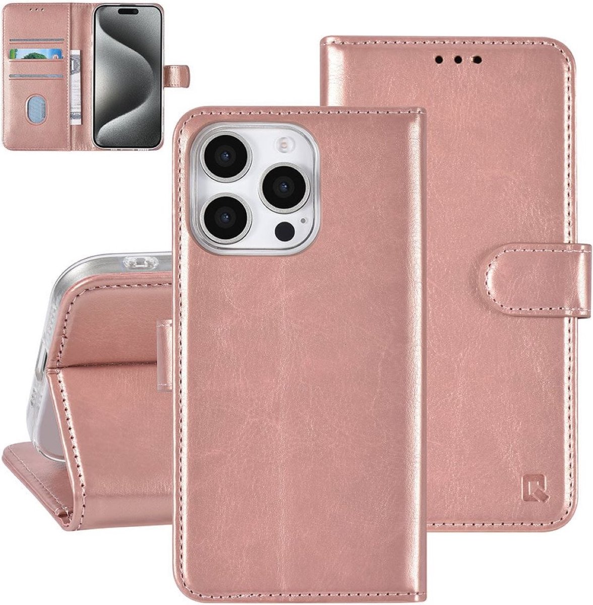 Multimedia & Accessoires PU Lederen Book Case Hoesje geschikt voor Apple iPhone 16 Pro Max – Rosegoud - Portemonnee – Met Stand – Kaarthouder – Pasjes Houder – 3 Pasjes - Magneet Sluiting – Bookcase