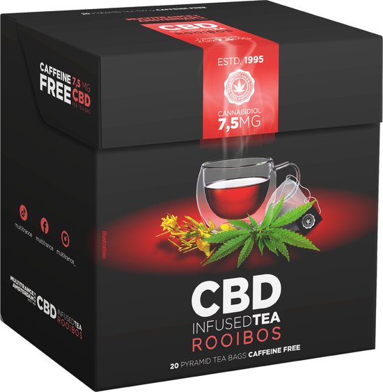 Zwarte doos met CBD Rooibos thee. Met een afbeelding van een glas thee met een hete damp, een henneplant en gele bloemen. "Caffeine Free", "CBD Infused Tea Rooibos", "20 Pyramid Tea Bags"