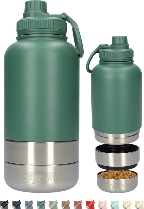 Honden Drinkfles met voerbakken - Waterfles hond - Dubbelwandig - Thermosfles - Hondendrinkbak - Multifunctioneel - Hondenvoerbak - RVS Fles - Lekbestendige dop - BPA vrij - 1 Liter - Met handvat - Perfect voor onderweg - Groen