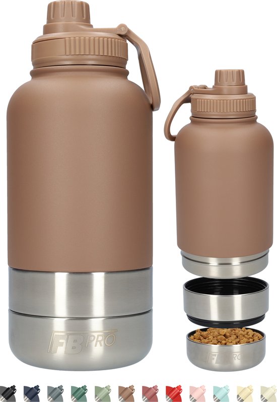 Honden drinkfles met voerbakken - Waterfles hond - Dubbelwandig - Thermosfles - Hondendrinkbak - Multifunctioneel - Hondenvoerbak - RVS Fles - Lekbestendige dop - BPA vrij - 1 Liter - Met handvat - Perfect voor onderweg - Bruin