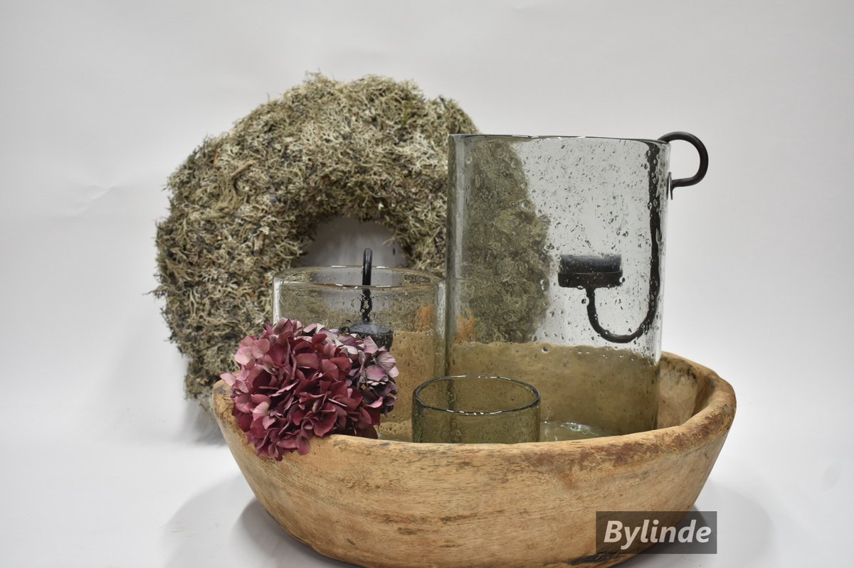 Glazen Windlicht Stone Ø 20 cm x 30 cm Hoog met hangkandelaar - Groot windlicht glas - Steenslag - Bubbel glas - Landelijk - Sober - Robuust - Vaas - Bymooss