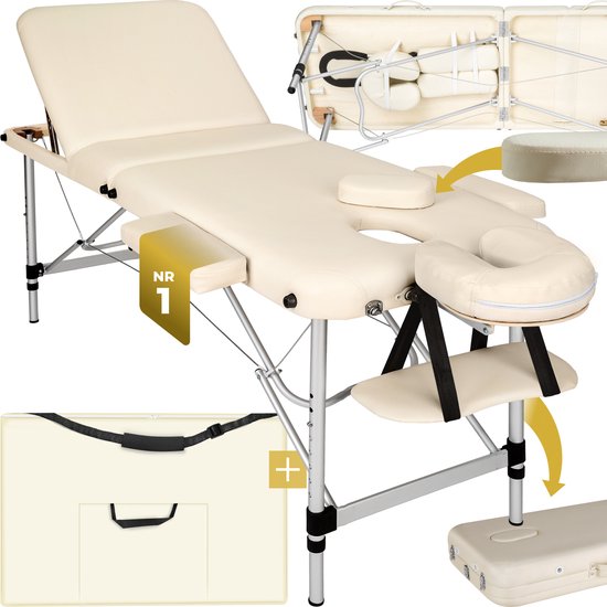 tectake® 3-Zones Massagetafel - 61cm Breed - Behandelbank met 5cm Dikke Vulling en Aluminium Frame - Opvouwbare Behandel- en Massagetafel - Inclusief Opbergtas - Max Draagvermogen 250kg - Beige