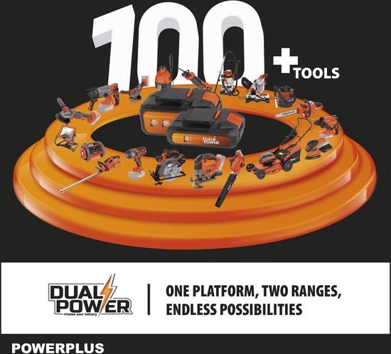 Overzicht van 100+ Powerplus Dual Power gereedschappen met oranje accenten en batterijen.