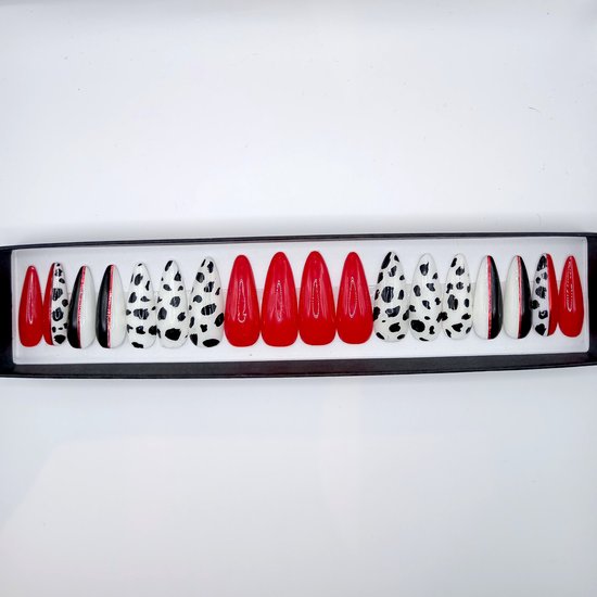 SD Appuyez sur les ongles - No. 118 Cruel-Là - Ongles adhésifs avec colle à ongles - XL Stiletto - Rouge Wit Zwart - Set de 20 Ongles Faits Main - Accessoires Cosplay - Nail Art Extreme