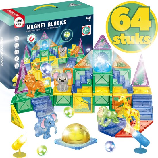 BoefieBoef Magnetisch Speelgoed - 64-delig Jungle Dieren Magnetic Tiles - Educatief Constructiespeelgoed met Licht - Kinder Bouwblokken voor Peuters & Kleuters 3+ jaar - Compatibel met Magna-Tiles & Magformers - jongens & meisjes VerjaardagsCadeau