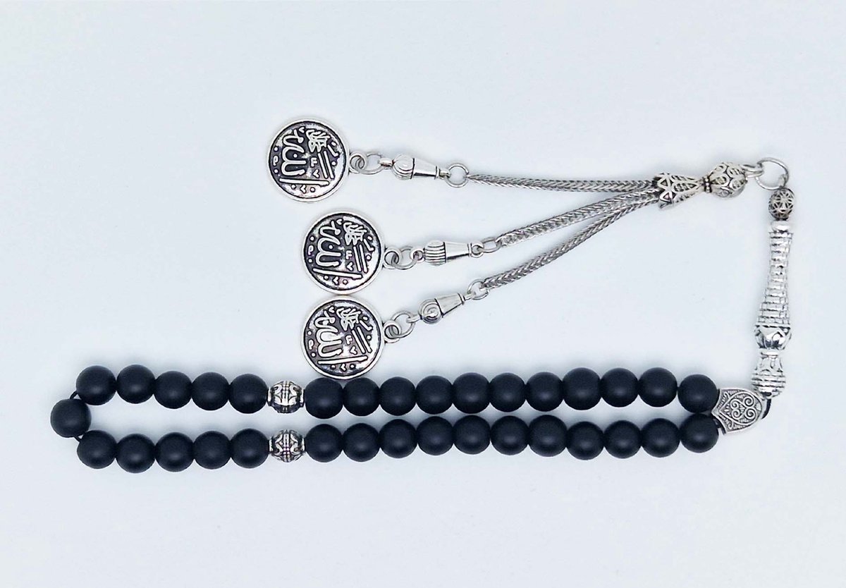 Handgemaakte tesbih klassiek - "Tasbih" natuursteen " Mat zwart onyx" - Aantal kralen 33 - Diameter kralen 8 MM - met metaal tassel "Allah jala jalaluh" - Een mooi cadeau-idee