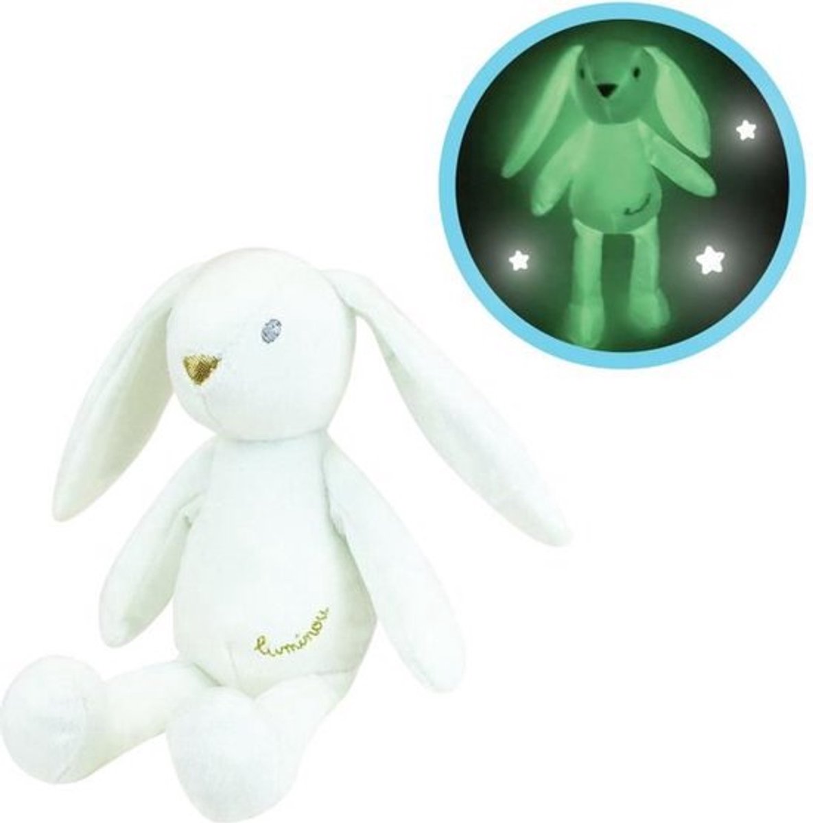 JEMINI Luminou Wit konijn Natuurlijke lichtgevende knuffel werkt zonder batterij +/- 20 cm