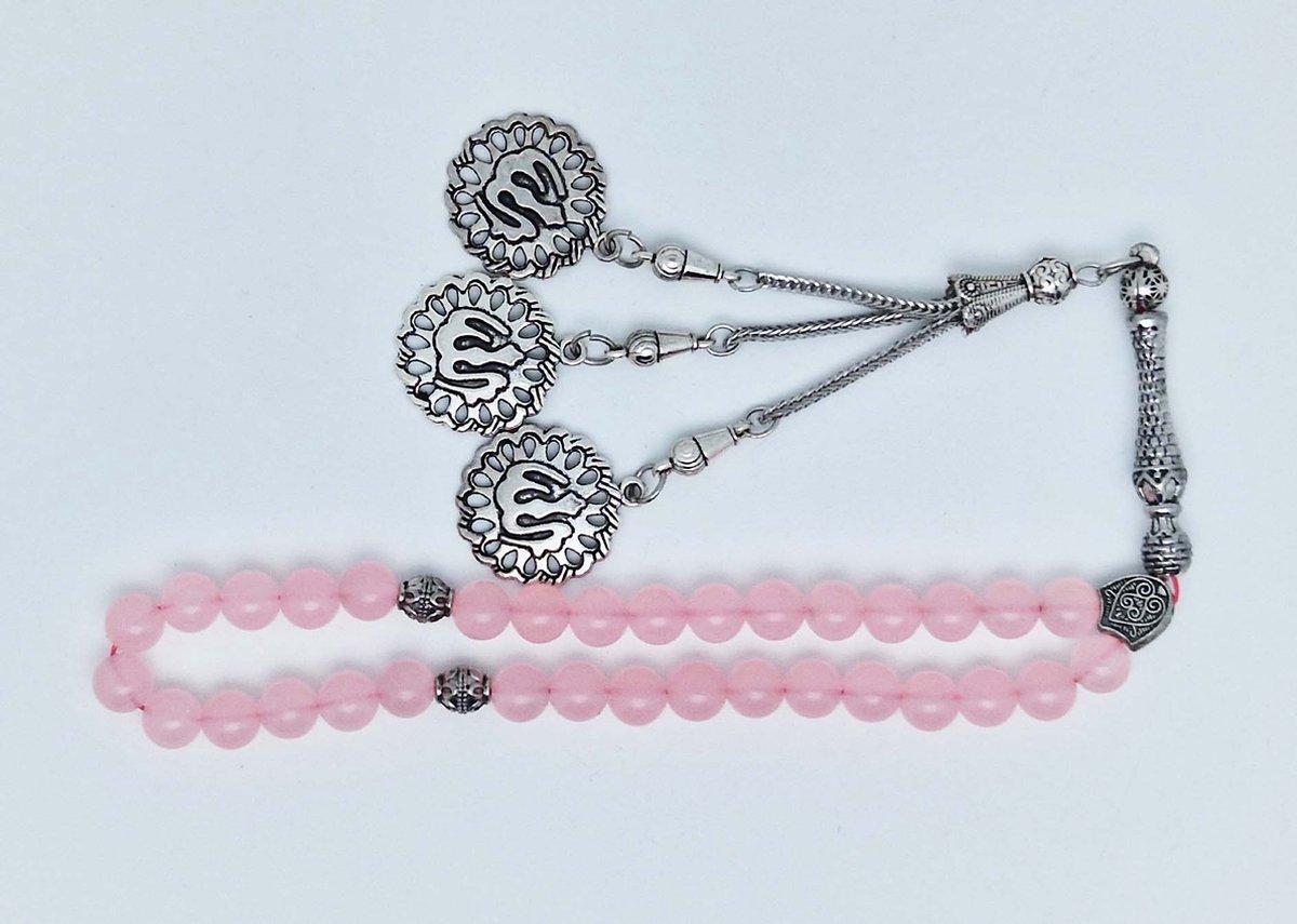 Handgemaakte tesbih klassiek - "Tasbih" natuursteen " Roze kwartz" - Aantal kralen 33 - Diameter kralen 8 MM - met metaal tassel "Allah" - Een mooi cadeau-idee