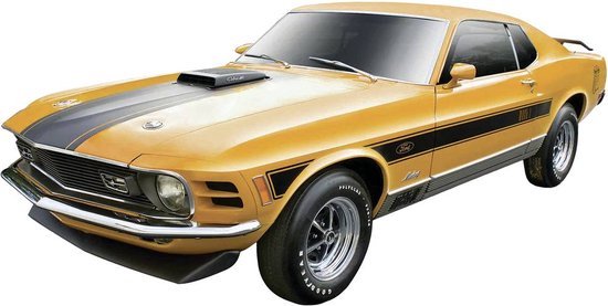 Gele 1970 Ford Mustang Mach 1 modelauto met zwarte strepen.
