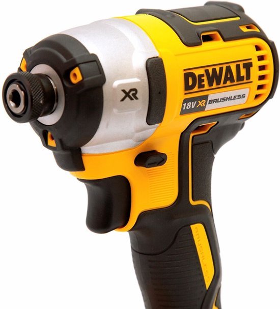 DeWalt 18V XR Brushless slagschroevendraaier, gedeeltelijk zilver, geel en zwart.